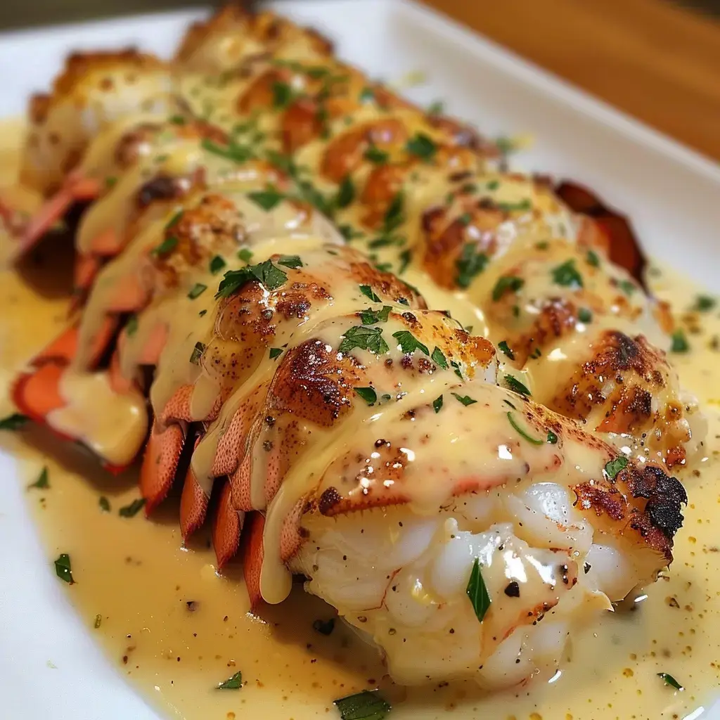 Das Bild zeigt gegrillte Lobsterstücke mit cremiger Sauce und gehackter Petersilie als Garnitur.
