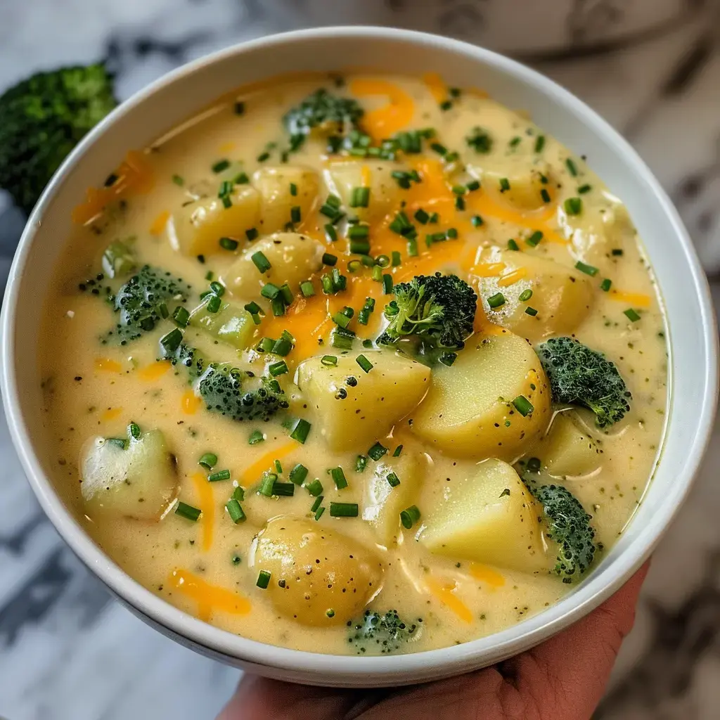 Eine Schüssel cremige Kartoffel-Brokkoli-Suppe, garniert mit geriebenem Cheddar und frischen Schnittlauchringen.