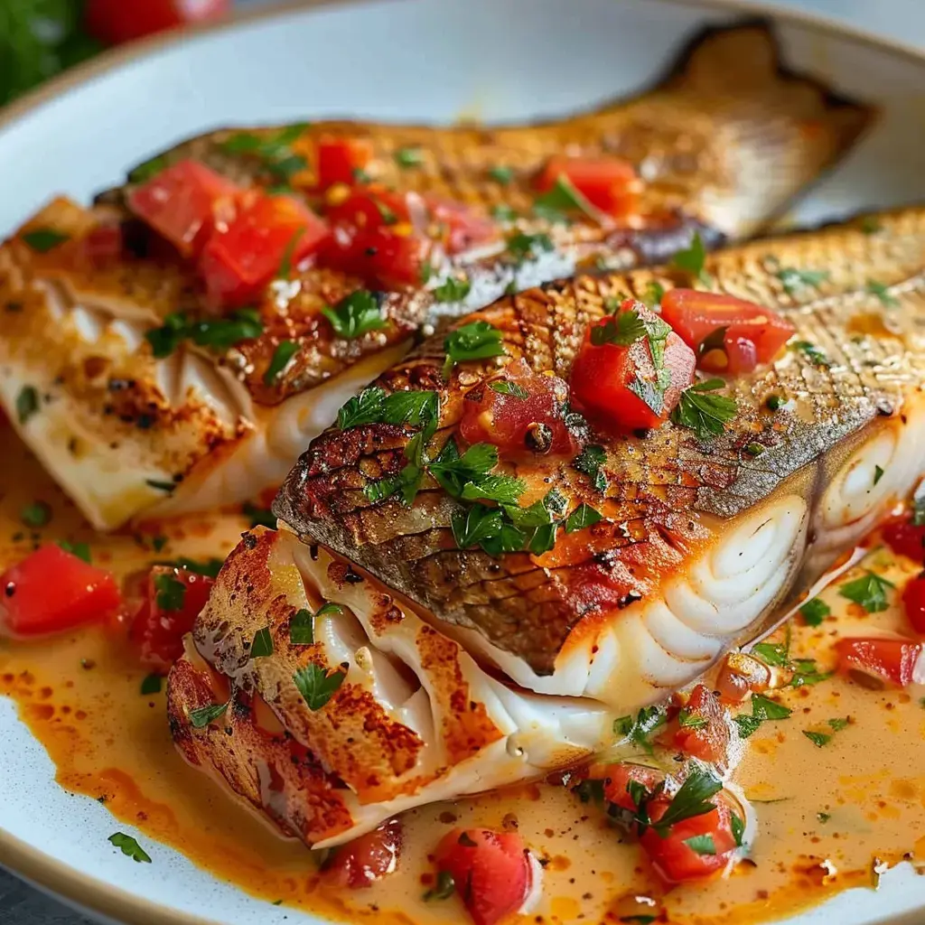 Gegrillter Fisch mit Tomaten und frischem Koriander auf einem Teller serviert.