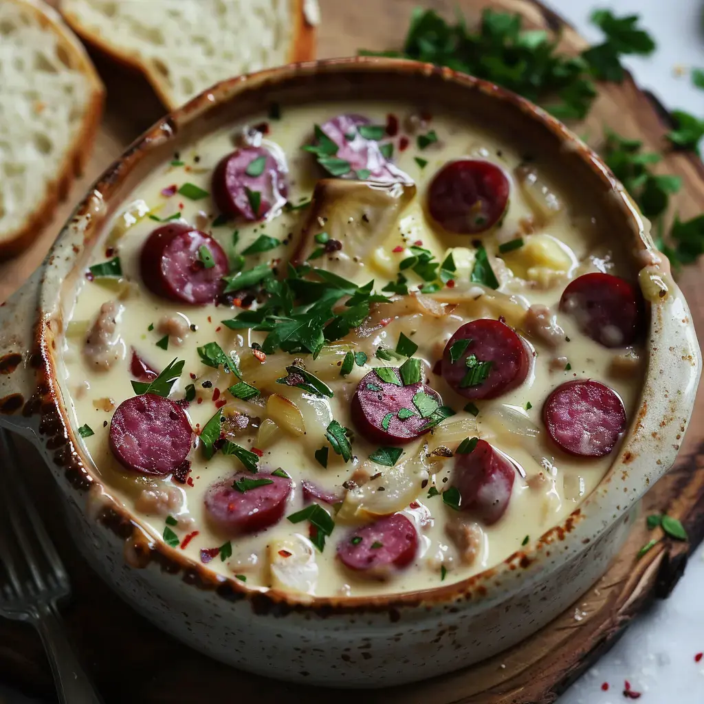 Ein Teller mit cremigen Endivien, Rauchwurstscheiben und frischer Petersilie, serviert mit Brot.