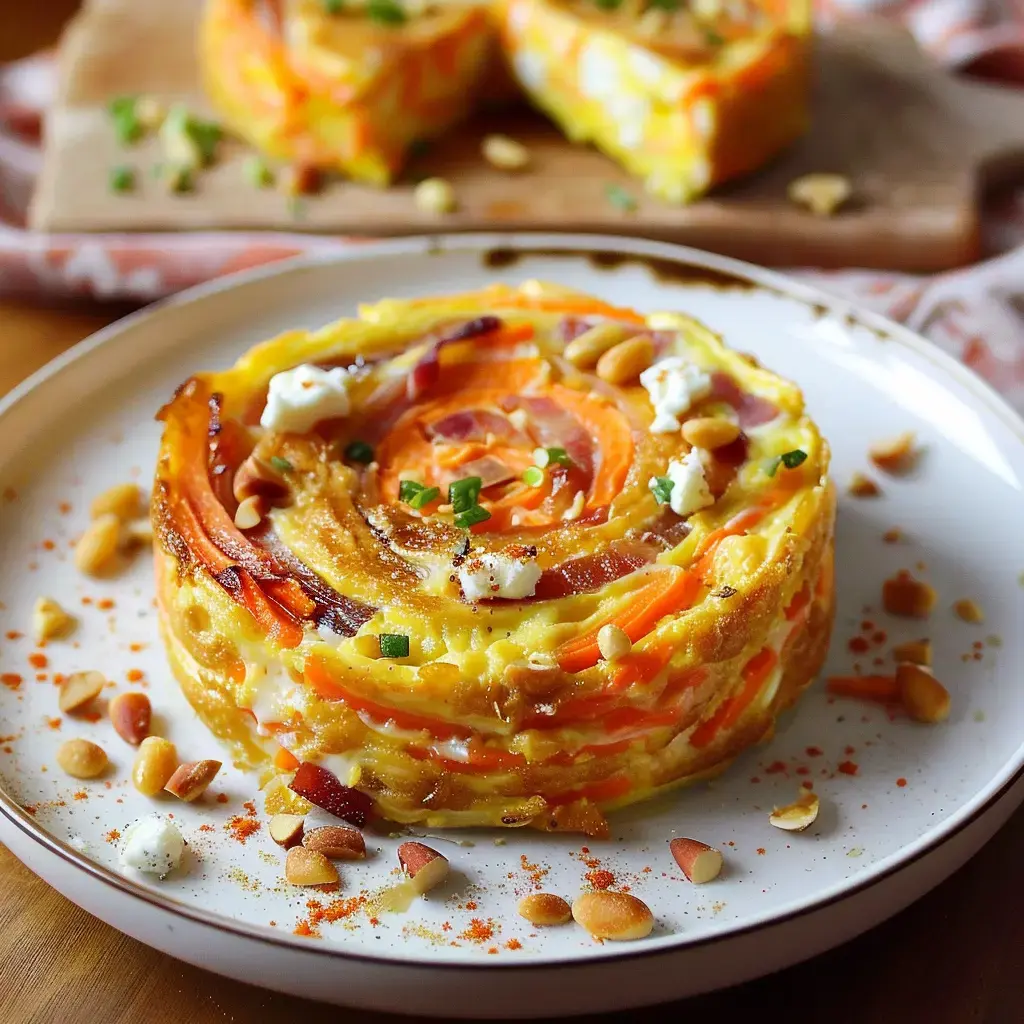 Ein farbenfrohes Gericht mit Gemüsespirale, Pinienkernen und Käse, serviert auf einem Teller.