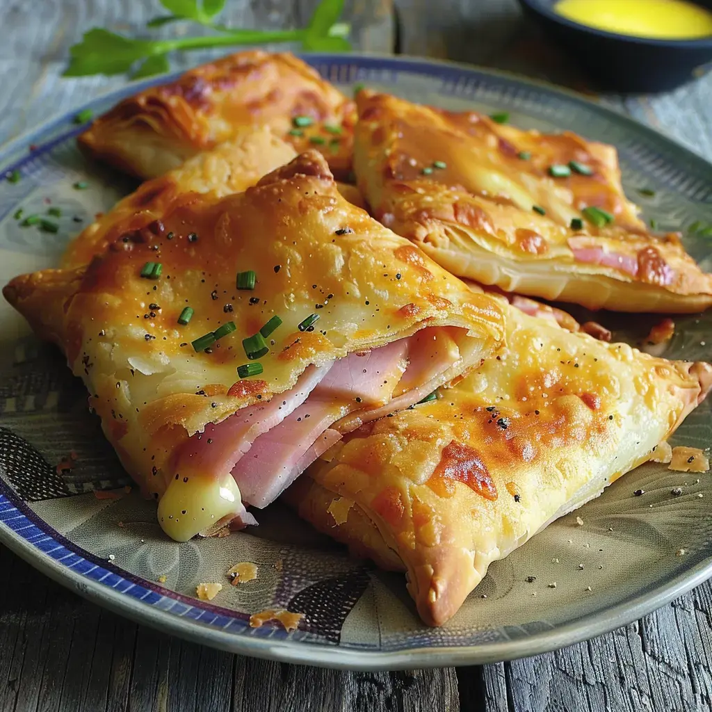 Vier goldbraune Bricks mit Käse und Schinken, auf einem Teller mit Schnittlauch dekoriert.