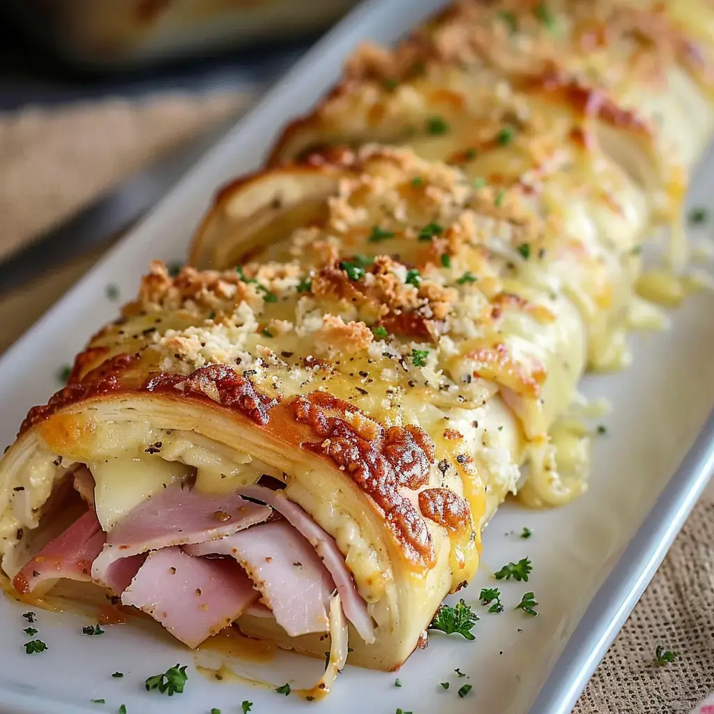 Ein mit Schinken und Käse gefüllter Teigrolle, überzogen mit geschmolzenem Käse und gehackter Petersilie, auf einem Teller serviert.