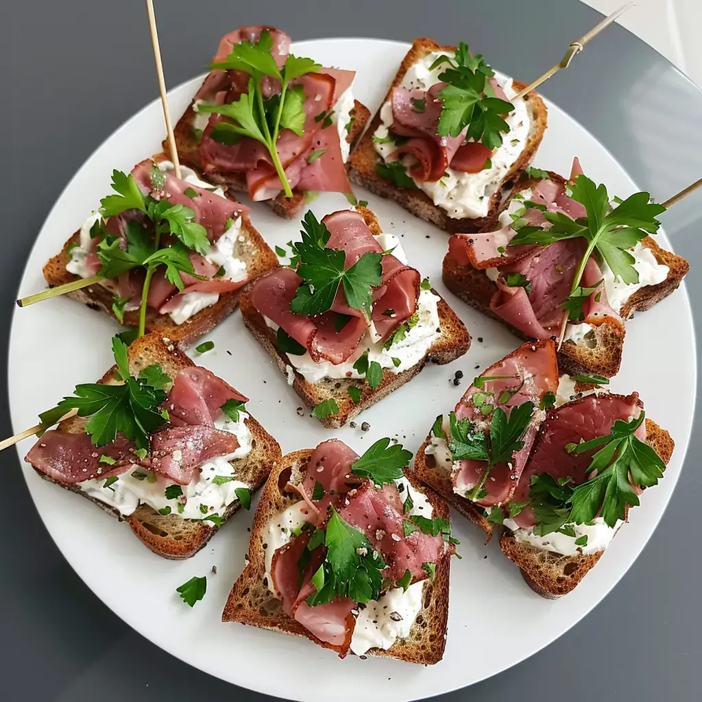 Ein Teller mit Toastscheiben, belegt mit Käse und geräucherter Fleischscheiben, dekoriert mit Petersilienblättern.