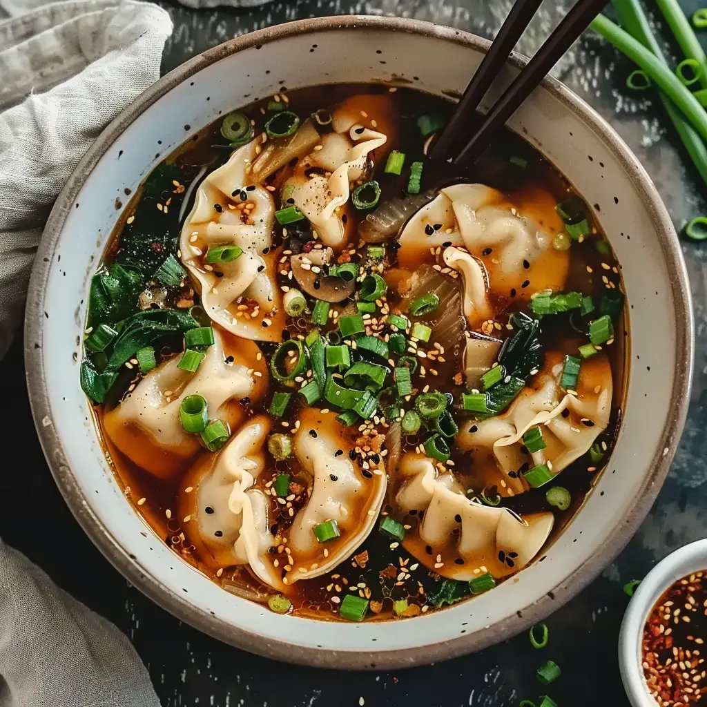 Ein Schüssel Suppe mit Dumplings, Frühlingszwiebeln, Sesam und Gemüse in einer aromatischen Brühe.