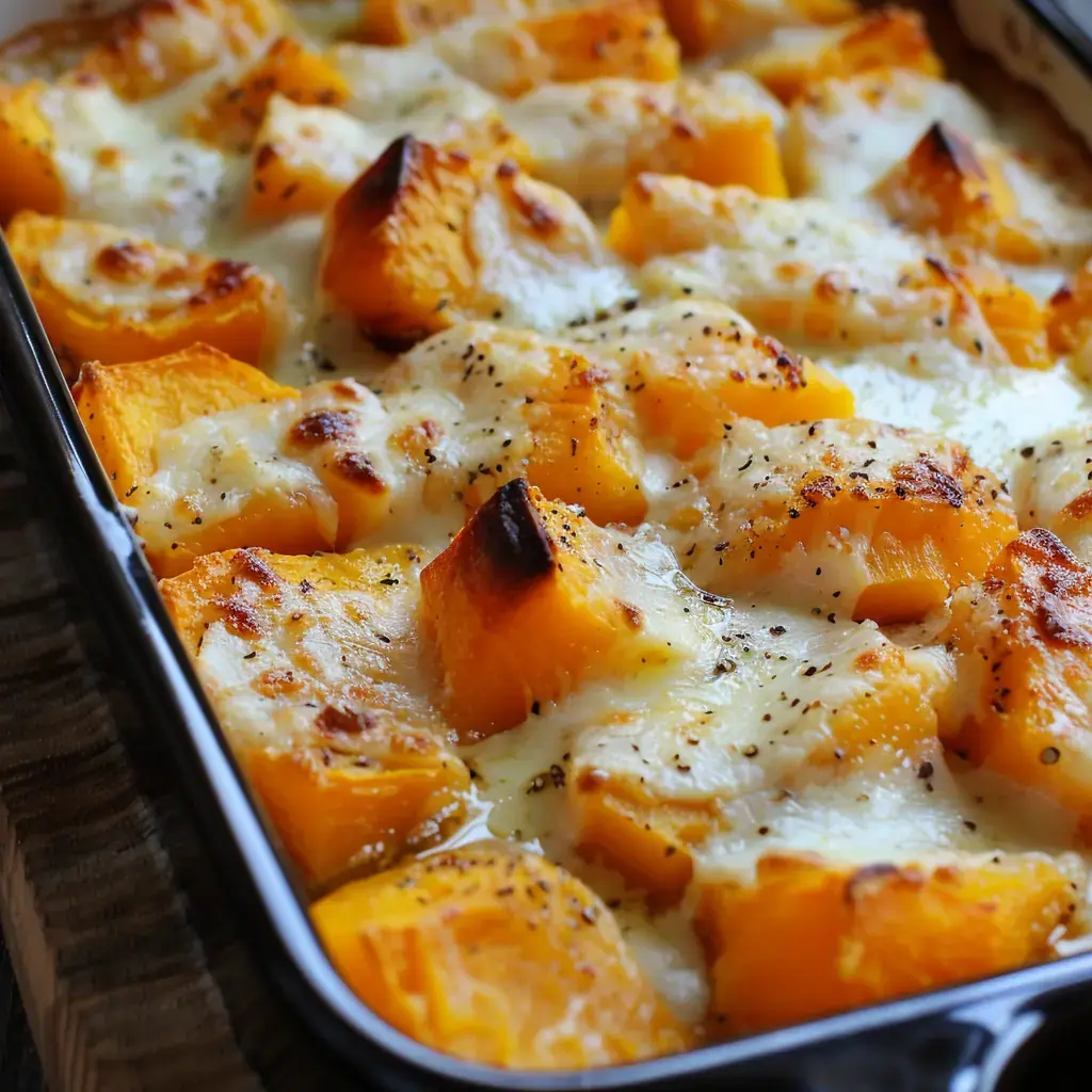 Ein goldbrauner Kürbisgratin mit geschmolzenem Käse und Gewürzen.