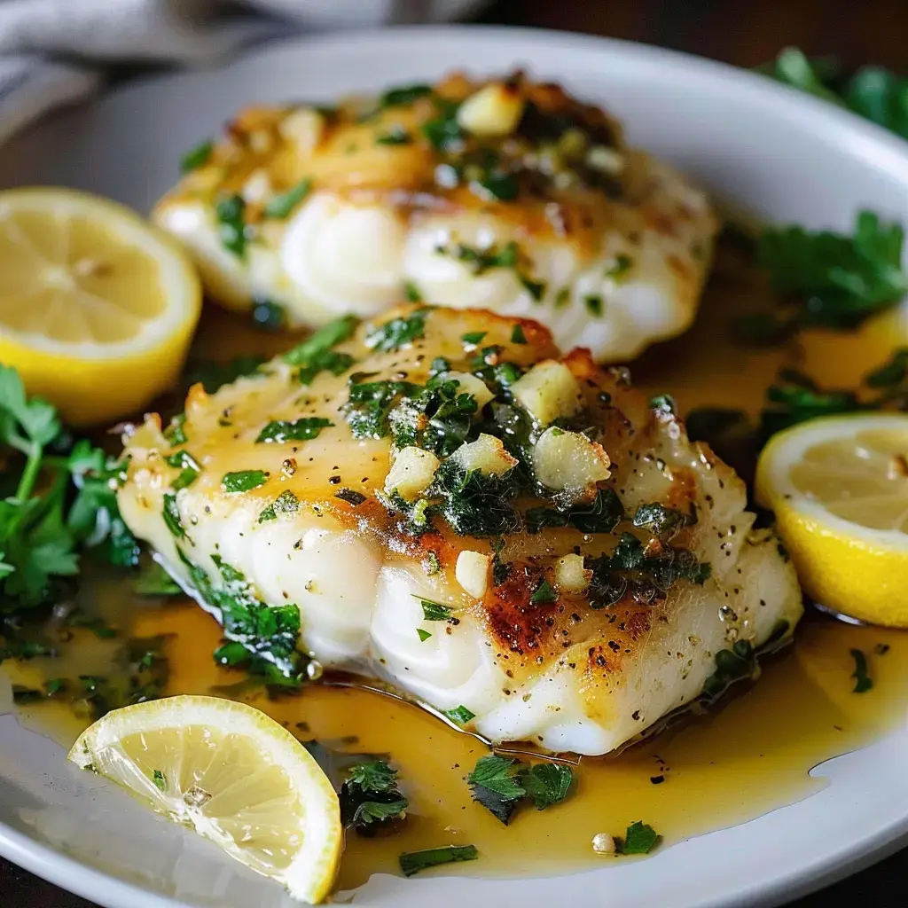 Zwei zart gegarte Fischfilets, garniert mit Kräutern und Zitrone, angerichtet auf einem Teller.