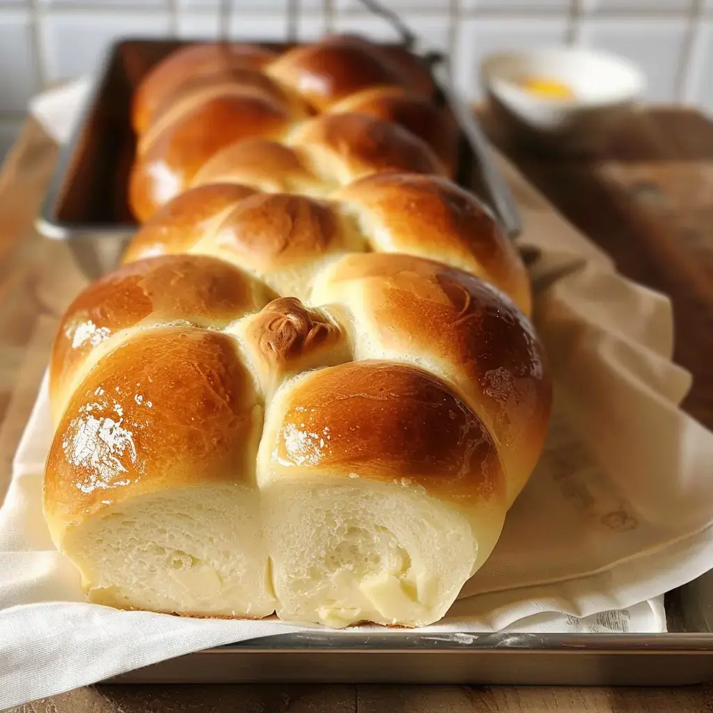 Goldene, fluffige Brioche auf einem Blech mit einem weißen Teller im Hintergrund.