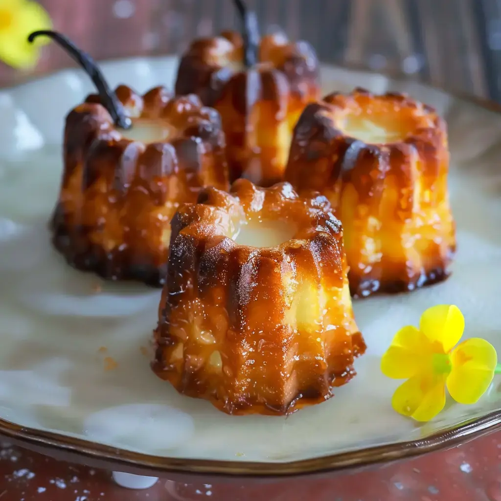 Vier goldbraune Cannelés auf einem Teller, garniert mit einer gelben Blume.