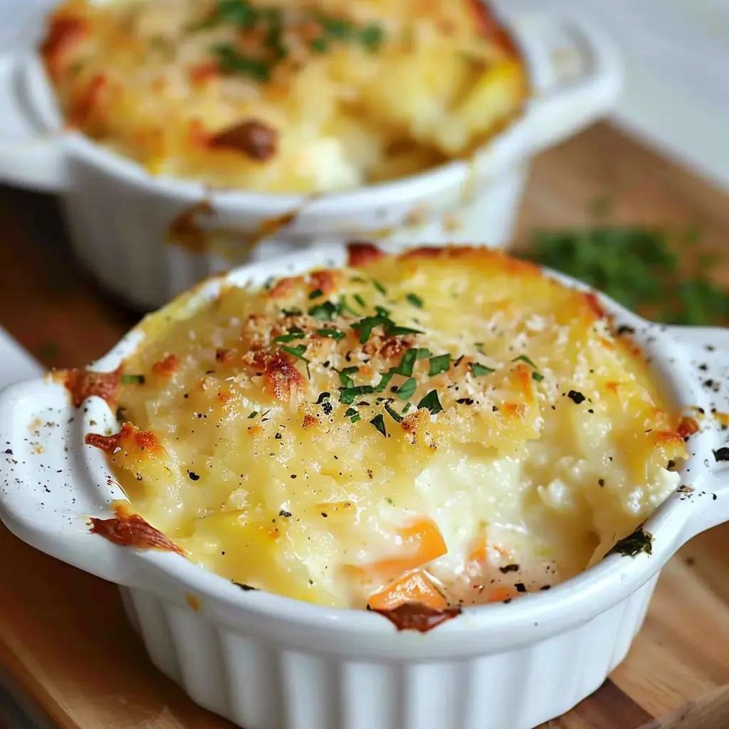 Goldbraune Gratins mit einer saftigen Käsekruste, garniert mit Petersilie, serviert in weißen Förmchen.