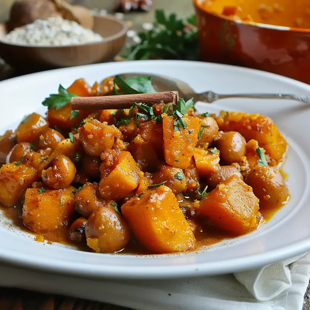 Ein Kürbis-Kastanien-Gericht, dekoriert mit Zimtstange und frischen Kräutern.