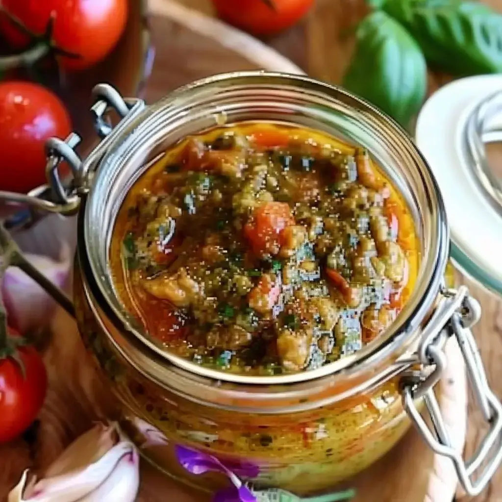 Ein Glas mit leckerem Pesto neben frischen Tomaten, Basilikum und Knoblauch.