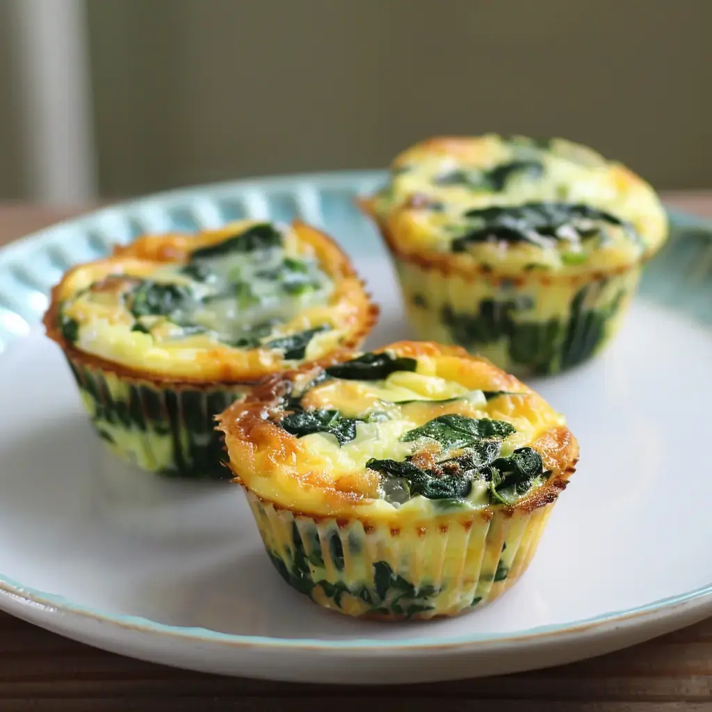 Drei goldbraune Muffins mit Spinat, hübsch angerichtet auf einem Teller.