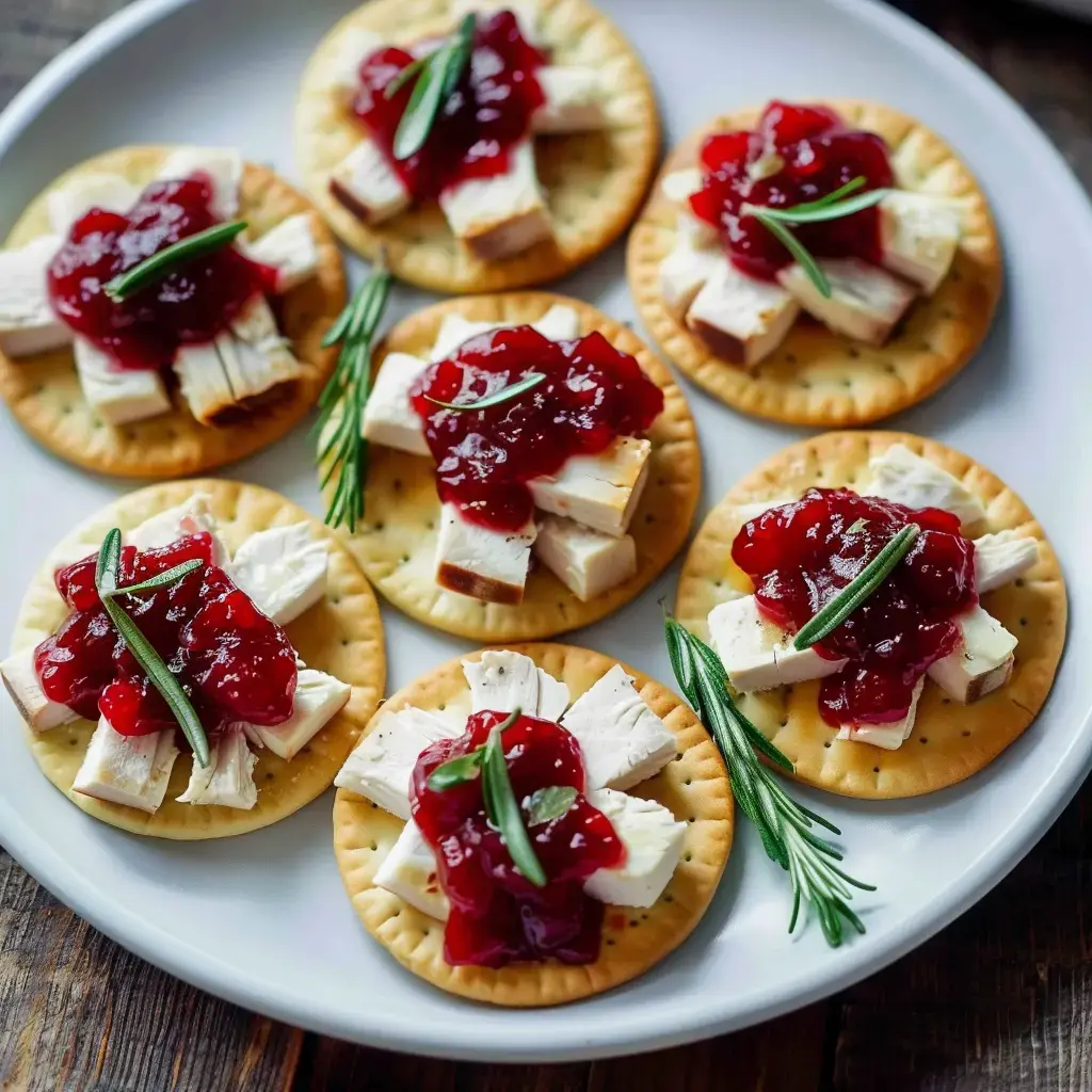 Knusprige Cracker mit Dinde, roter Cranberry-Sauce und Rosmarin-Garnitur.