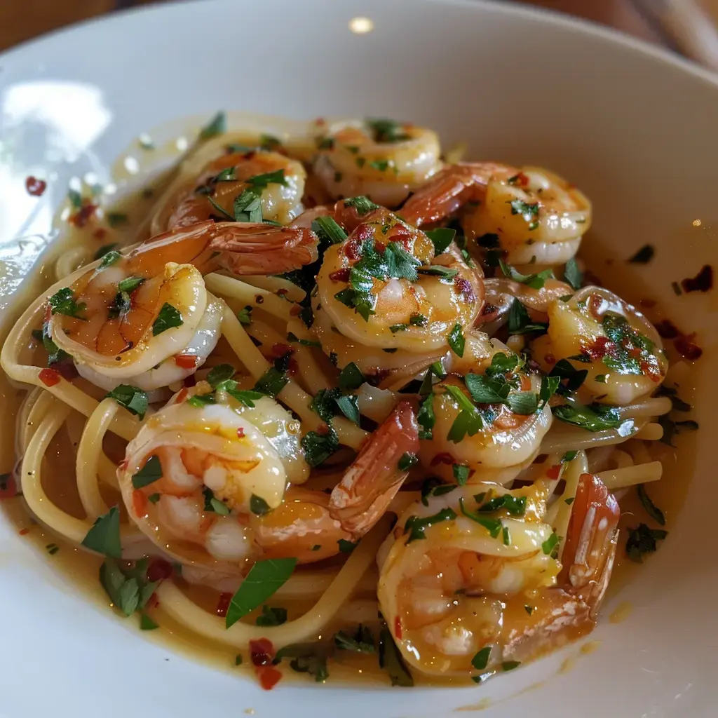 Pasta mit Garnelen, bestreut mit Petersilie und Chiliflocken.