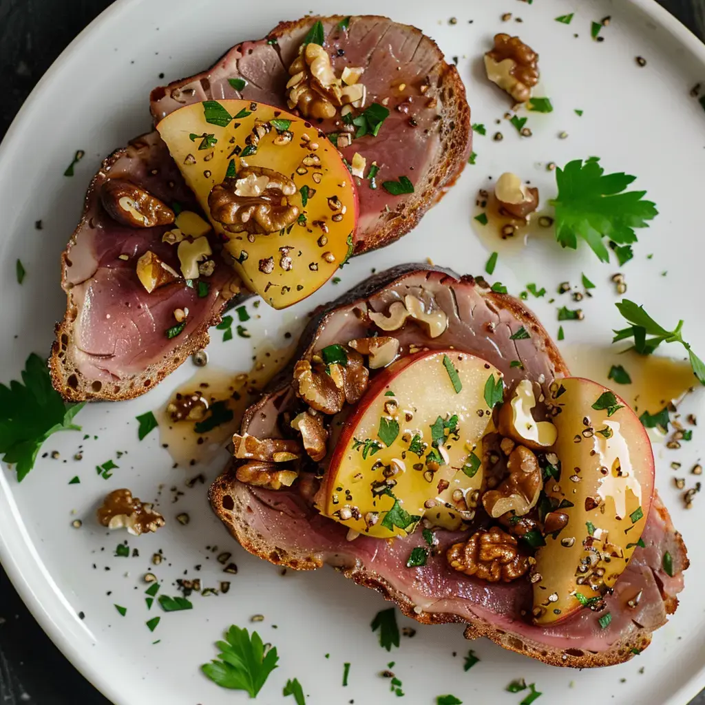 Zwei Brotscheiben mit Fleisch, Apfel, Nüssen und Kräutern auf einem weißen Teller.