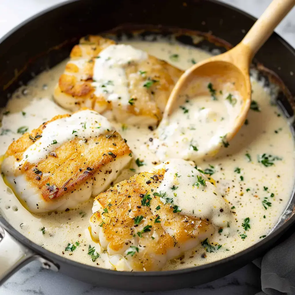 Gekochte Fischfilets in cremiger Sauce, mit Petersilie bestreut, serviert in einer Metallpfanne.
