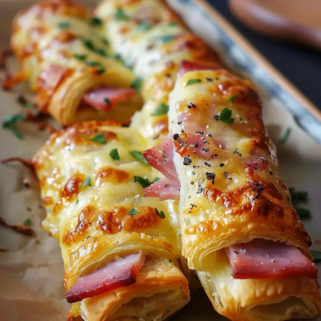 Knusprige Blätterteigrollen gefüllt mit Schinken und Käse, goldbraun gebacken und mit Petersilie garniert.
