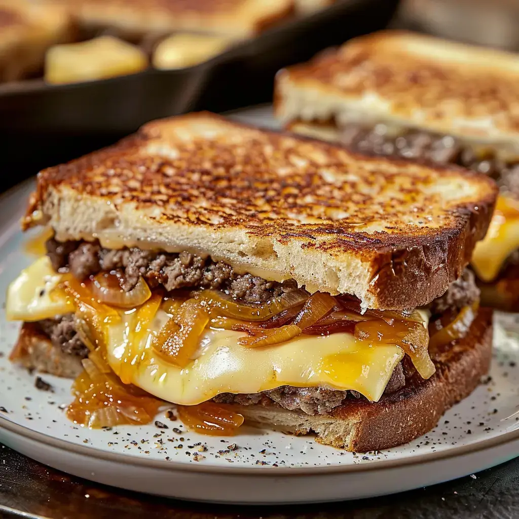 Ein gegrillter Sandwich mit Hackfleisch, karamellisierten Zwiebeln und geschmolzenem Käse.