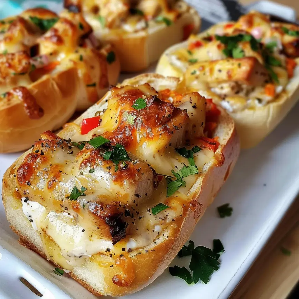 Gefüllte Baguettes mit Käse, Hähnchen und buntem Gemüse, garniert mit frischer Petersilie.