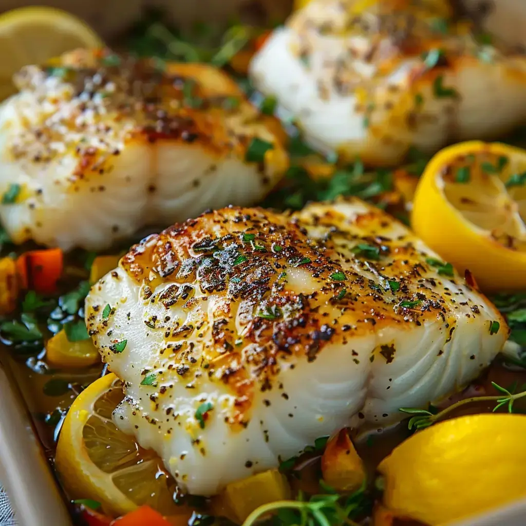 Gegarte Fischfilets mit Kräutern, Gemüse und Zitronenscheiben angerichtet.