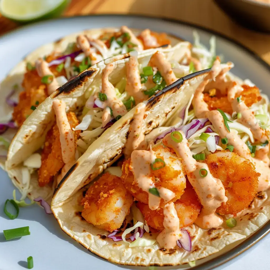 Tacos serviert mit knusprigen Garnelen, Kraut und würziger Sauce auf einem Teller.