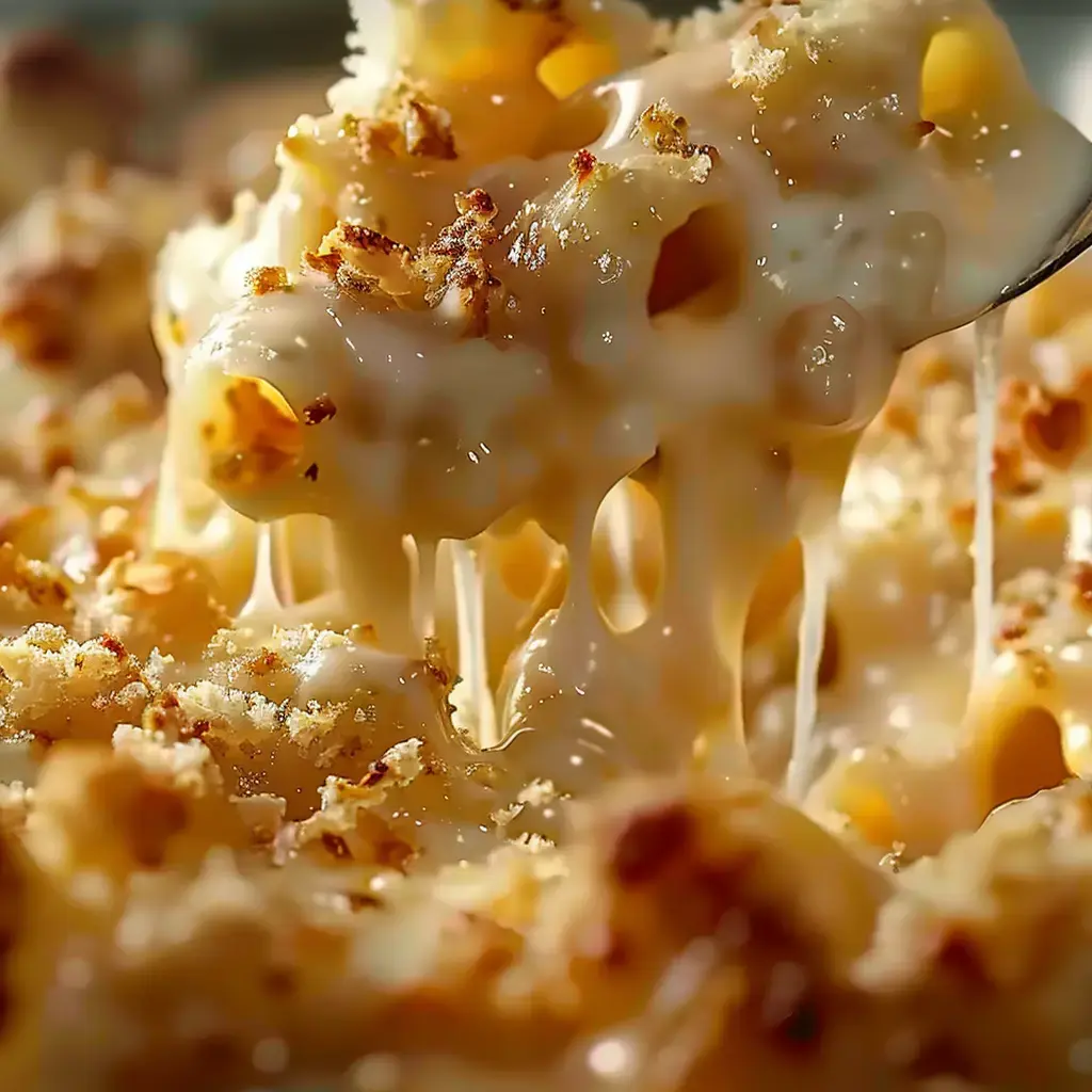 Ein Teller cremige Käse-Pasta mit gold-gebräunter knuspriger Kruste.
