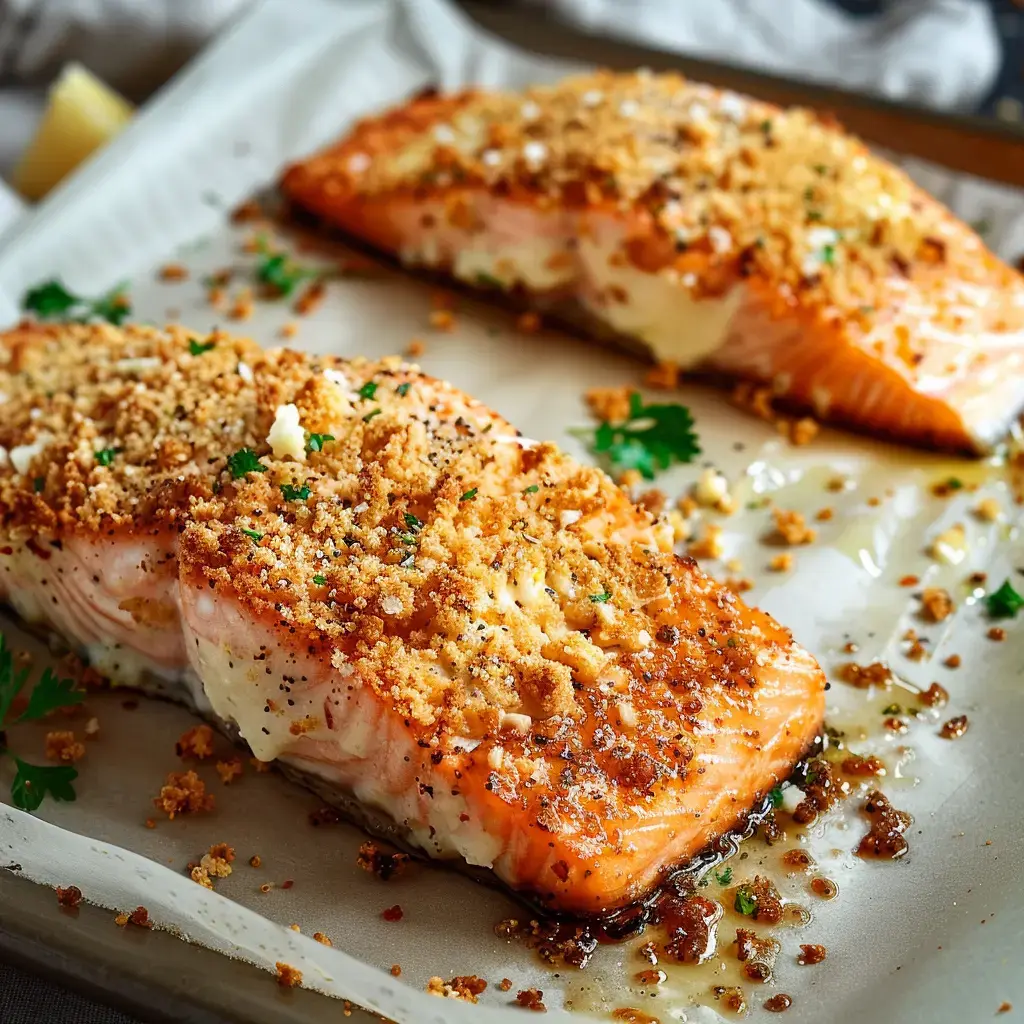 Zwei Lachsfilets mit goldener Kruste, dekoriert mit Petersilie, auf einem Teller serviert.