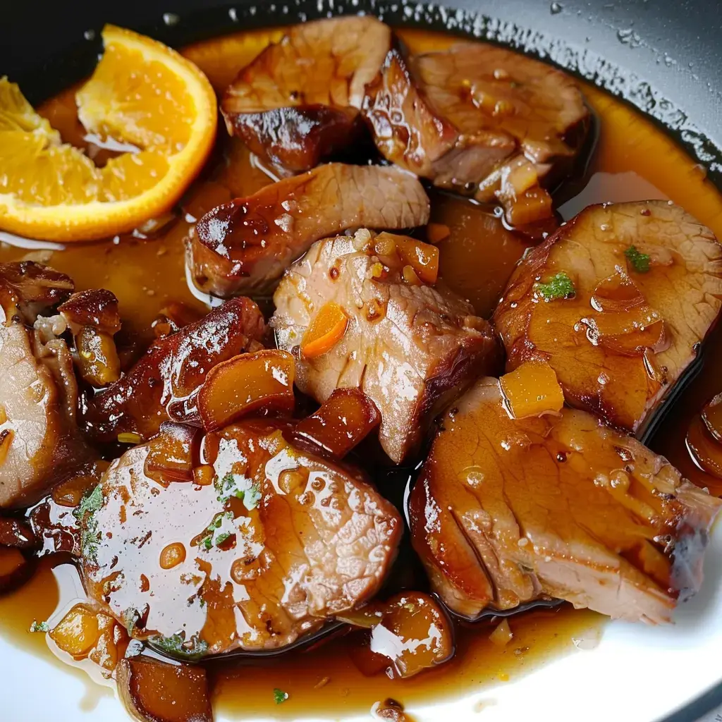 Zarte Fleischstücke in köstlicher Sauce, garniert mit einer Orangenscheibe.