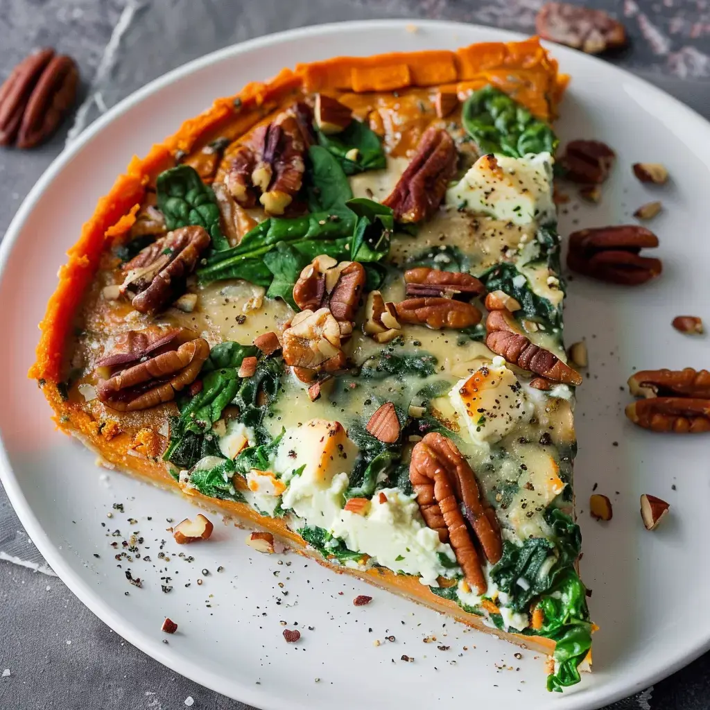 Ein Stück Süßkartoffelquiche mit Spinat, Käse und Walnüssen auf einem Teller.