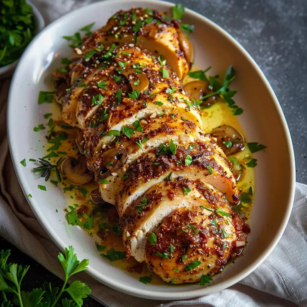 Ein Teller Hähnchenfilet mit Pilzen, frischen Kräutern und einer goldenen Sauce