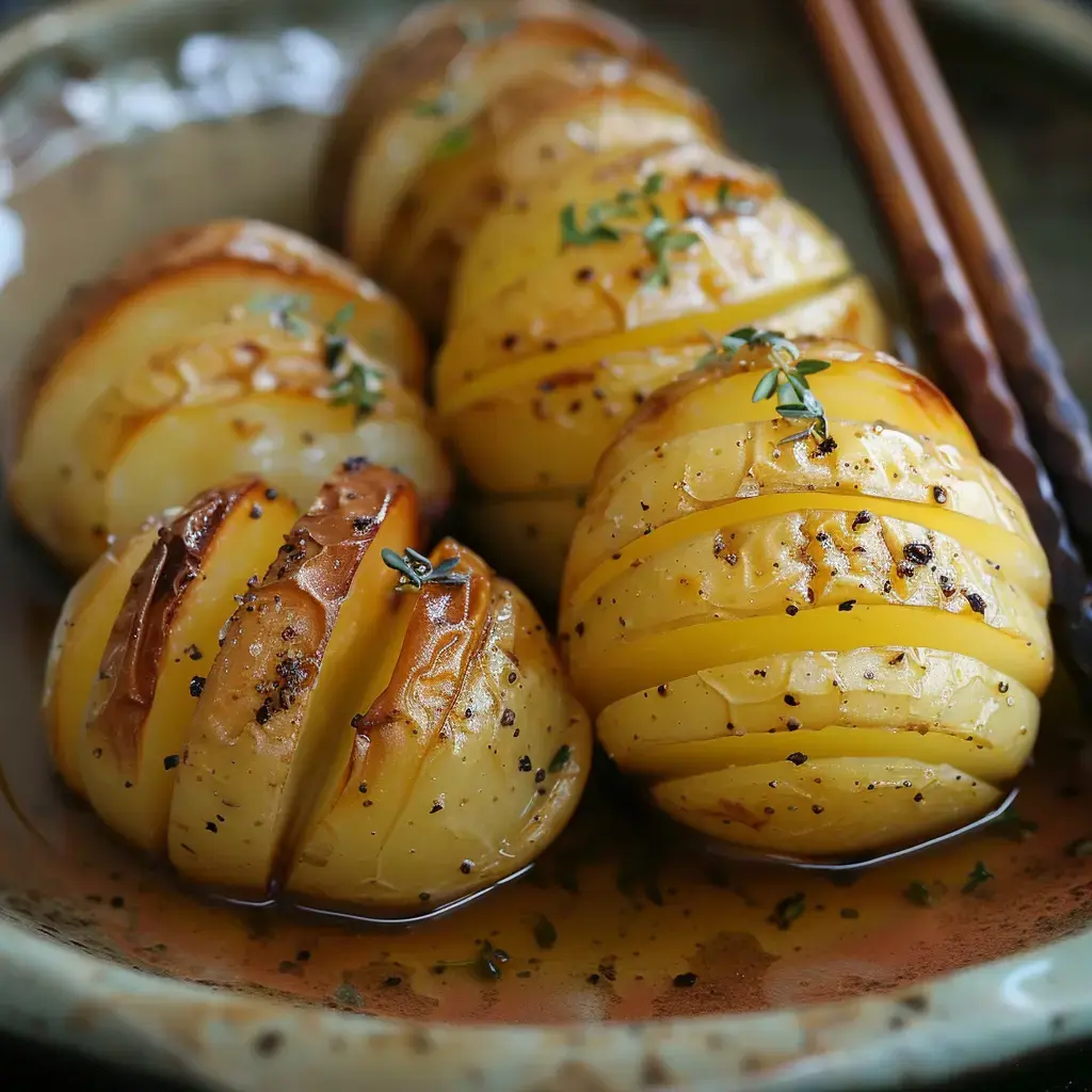 Hasselback-Kartoffeln mit Thymian gewürzt und goldbraun gebacken, auf einem Teller angerichtet.