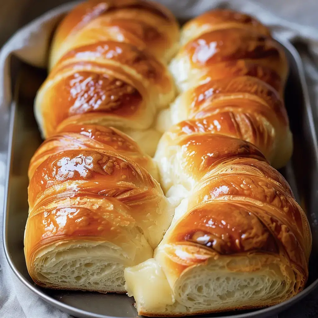 Frisch gebackene, goldbraune Milchbrötchen auf einem Teller angerichtet.