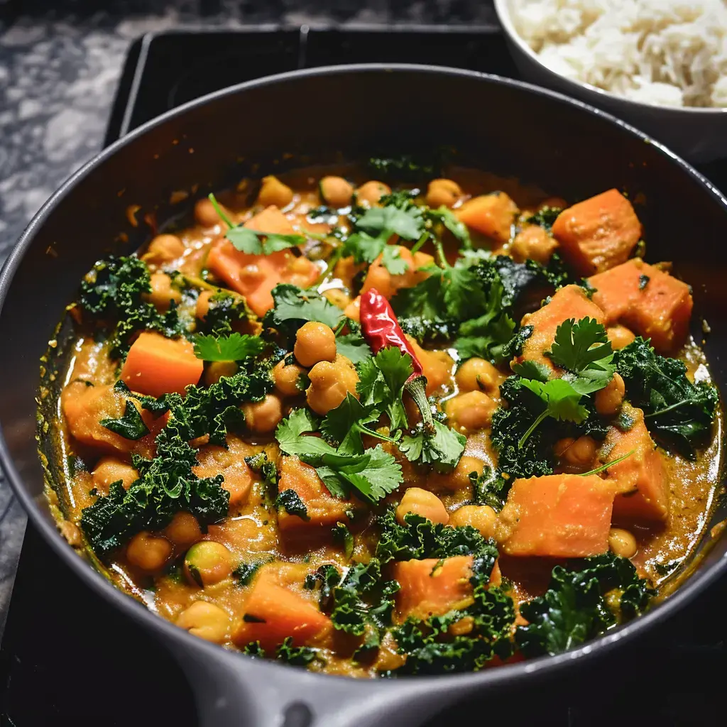 Eine Schale Curry mit Kichererbsen, Kürbis, Grünkohl und frischen Kräutern, serviert mit weißem Reis.