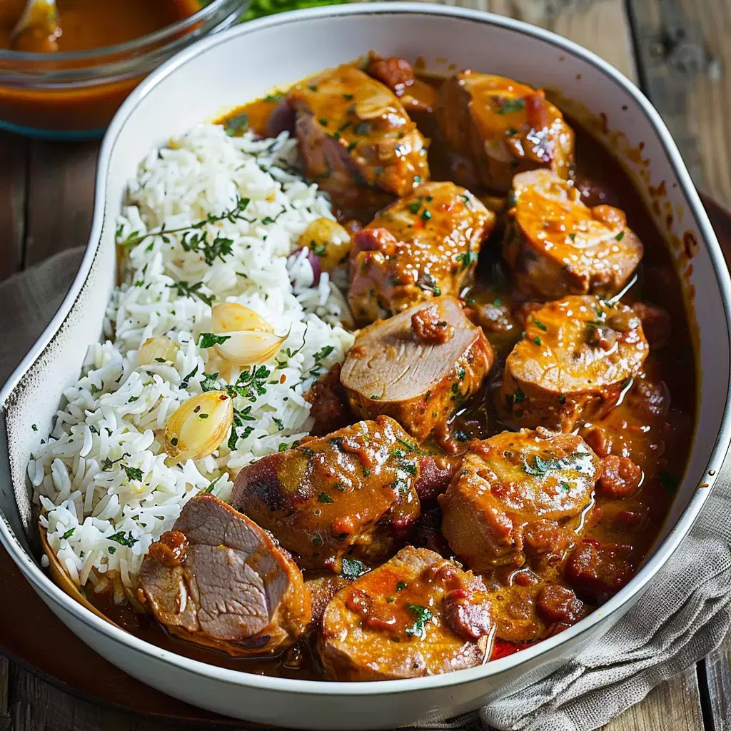 Ein Teller Schweinefilet in einer würzigen Sauce, serviert mit Reis und frischer Petersilie.