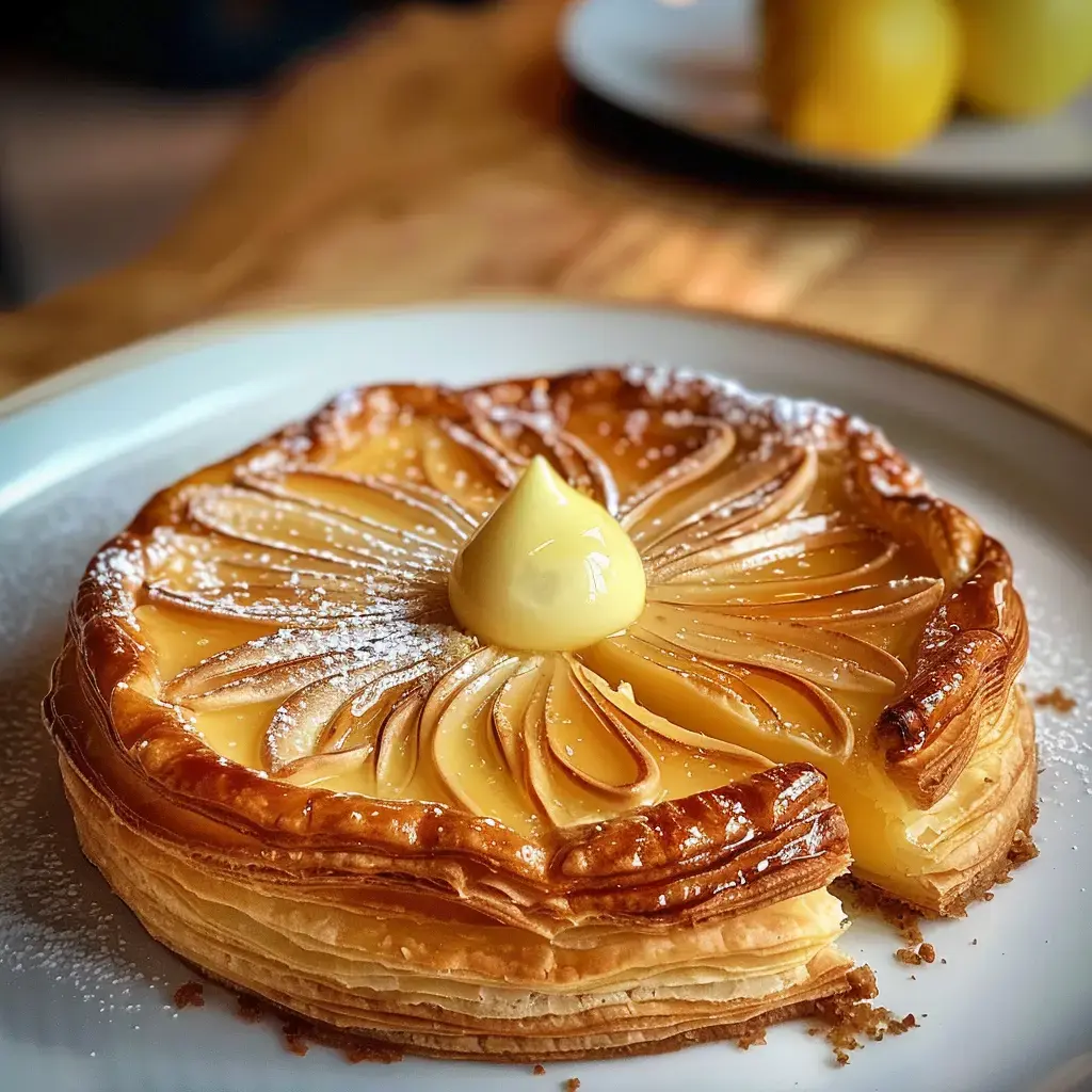 Ein eleganter Mandelkuchen mit feiner Crème und Puderzucker, garniert mit einem Tupfer Sahne.