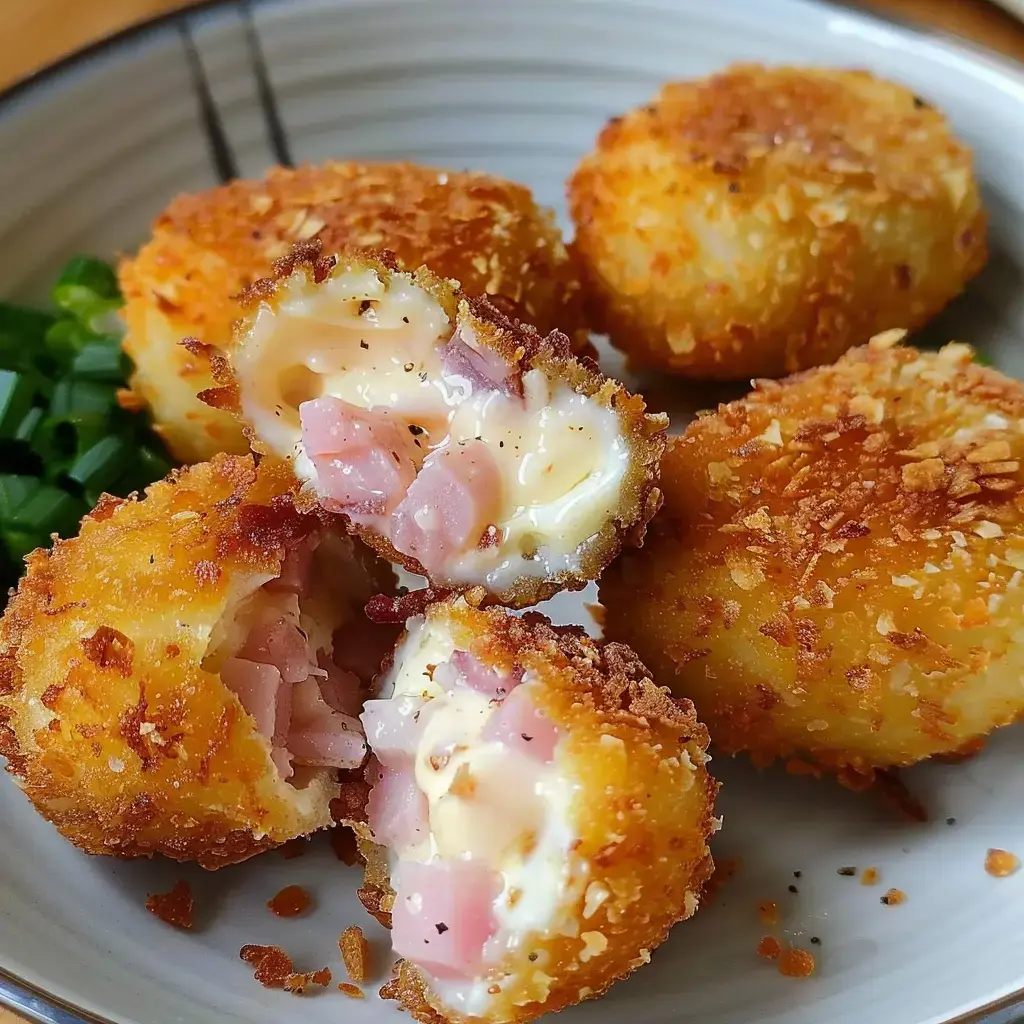 Knusprige goldene Häppchen, gefüllt mit Schinken und Käse, dekoriert mit Schnittlauch.