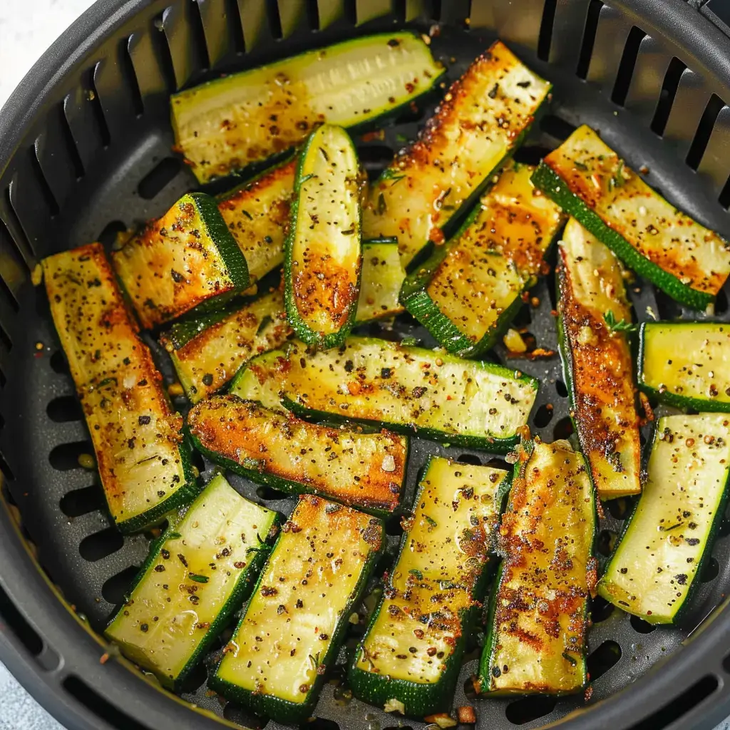 Knusprig gebratene Zucchini-Stücke, gewürzt mit Pfeffer und Kräutern in einem Luftfritteuse-Korb.
