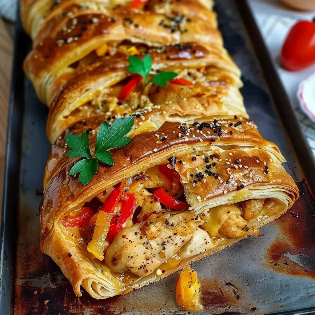 Ein knusprig gebackener Blätterteig, gefüllt mit Hähnchen, roten und gelben Paprika, verziert mit Kräutern und Samen.