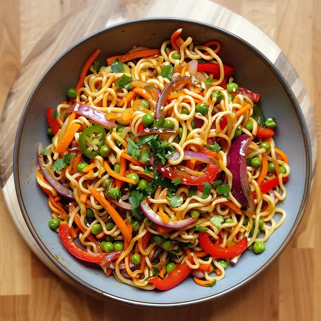 Ein Teller mit gebratenen Nudeln und farbenfrohem Gemüse wie Karotten, Paprika und Erbsen, garniert mit frischer Petersilie.