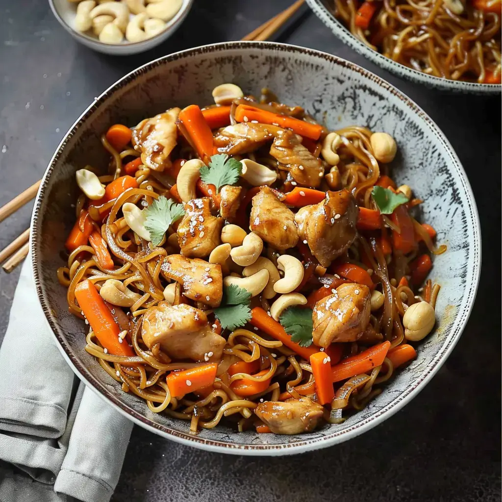 Eine Schale mit Hähnchen, Karotten, Cashewnüssen, Koriander und Sesamkörnern daneben.