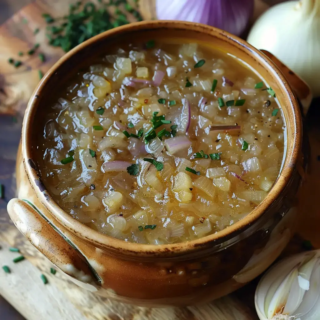 Ein Terrakottatopf gefüllt mit dicker Zwiebelsuppe, garniert mit Schnittlauch, steht auf einem Holzbrett, im Hintergrund sieht man Zwiebeln.