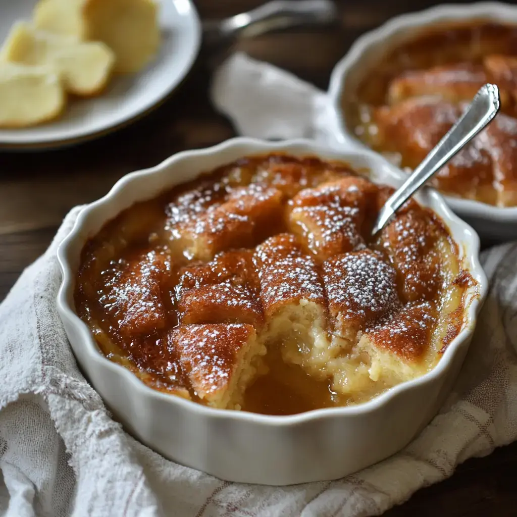 Ein cremiger, goldbrauner Dessert mit Puderzucker bestreut, wird in einer Keramikschüssel serviert, aus der bereits ein Stück entnommen wurde.