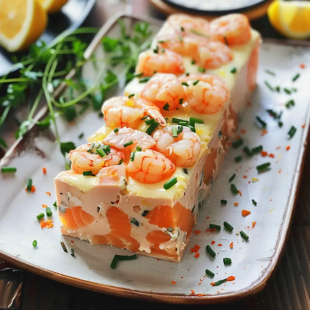 Eine Meeresfrüchte-Terrine garniert mit Garnelen, frischen Kräutern und Zitronenscheiben.