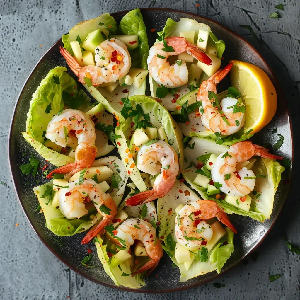 Teller mit Garnelen auf Salatblättern mit Apfelstücken, garniert mit Petersilie und Gewürzen.