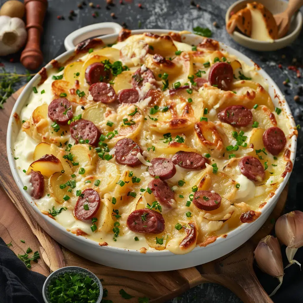 Goldbraun gebackener Kartoffelauflauf mit Käse, Wurst und Schnittlauch.