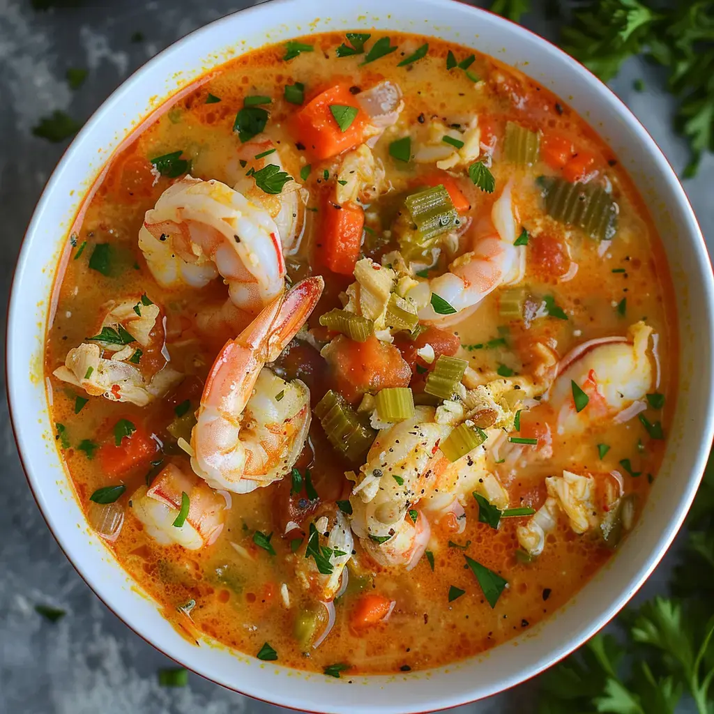 Eine Schüssel Garnelensuppe voller buntem Gemüse, garniert mit frischer Petersilie.