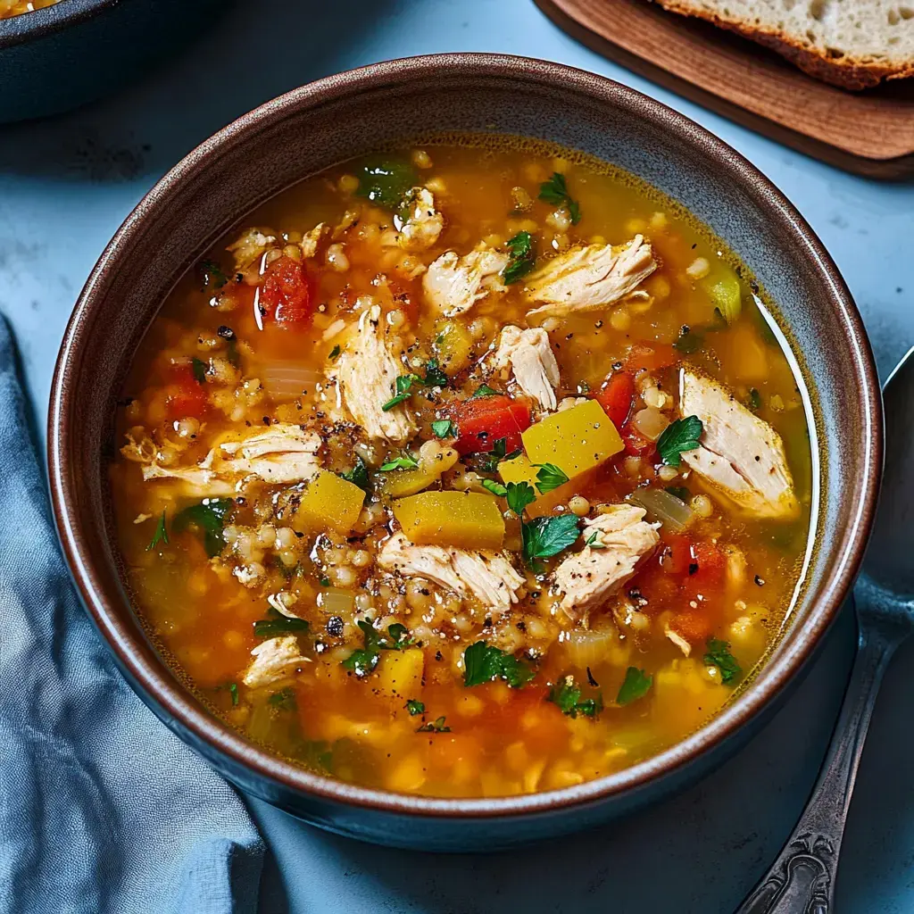 Eine Schüssel bunte Suppe mit zerfasertem Hähnchen, verschiedenem Gemüse und frischen Kräutern.