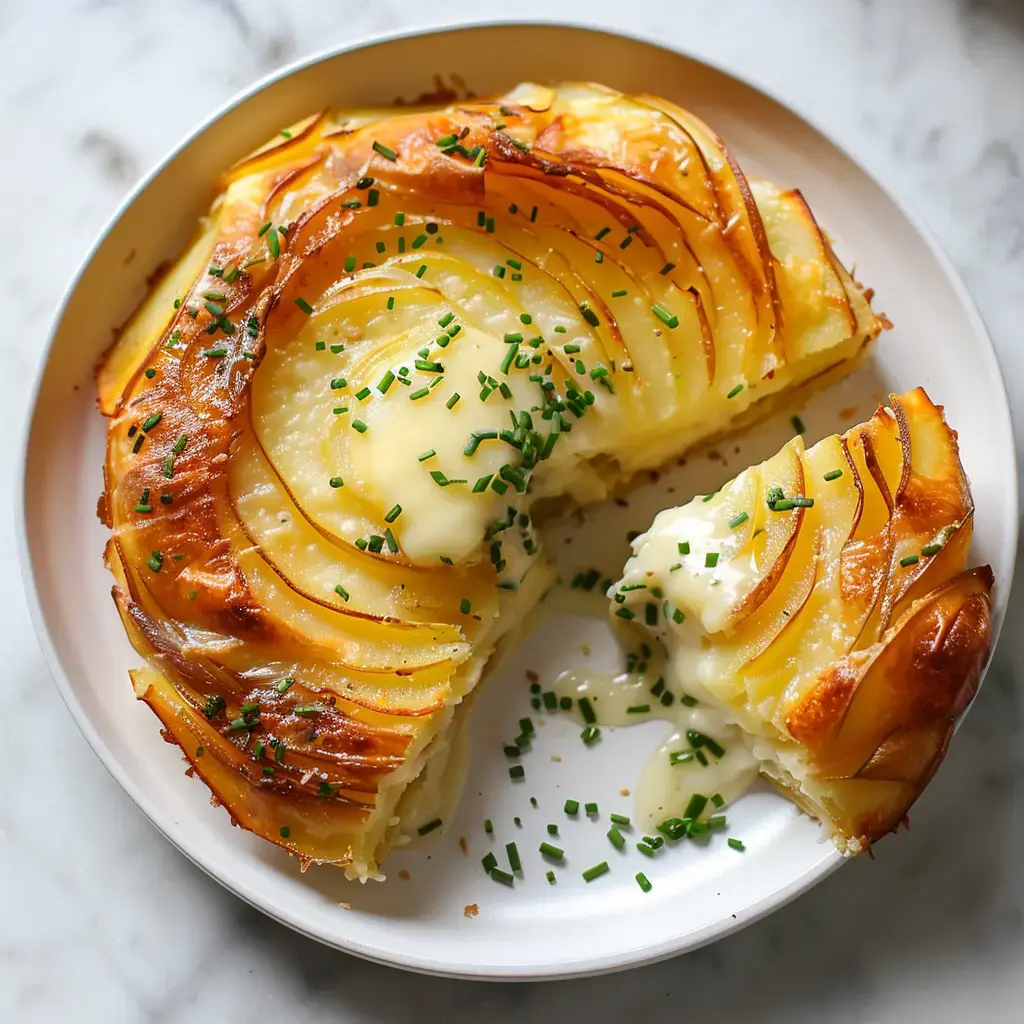 Eine goldbraun gebackene Kartoffeltarte mit Käse und Schnittlauch garniert, mit einem herausgeschnittenen Stück.