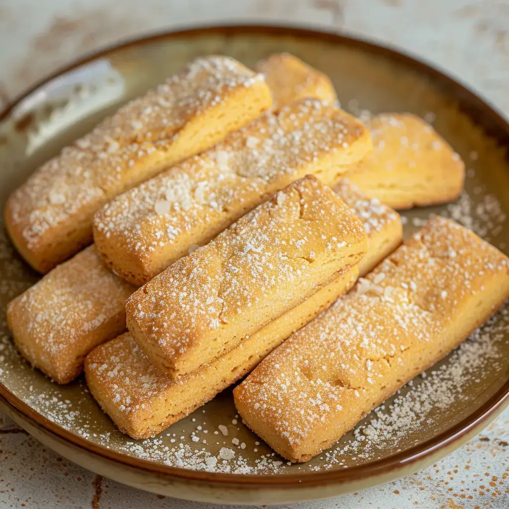 Goldene Butterkekse mit Puderzucker bestreut, auf einem Teller angerichtet.